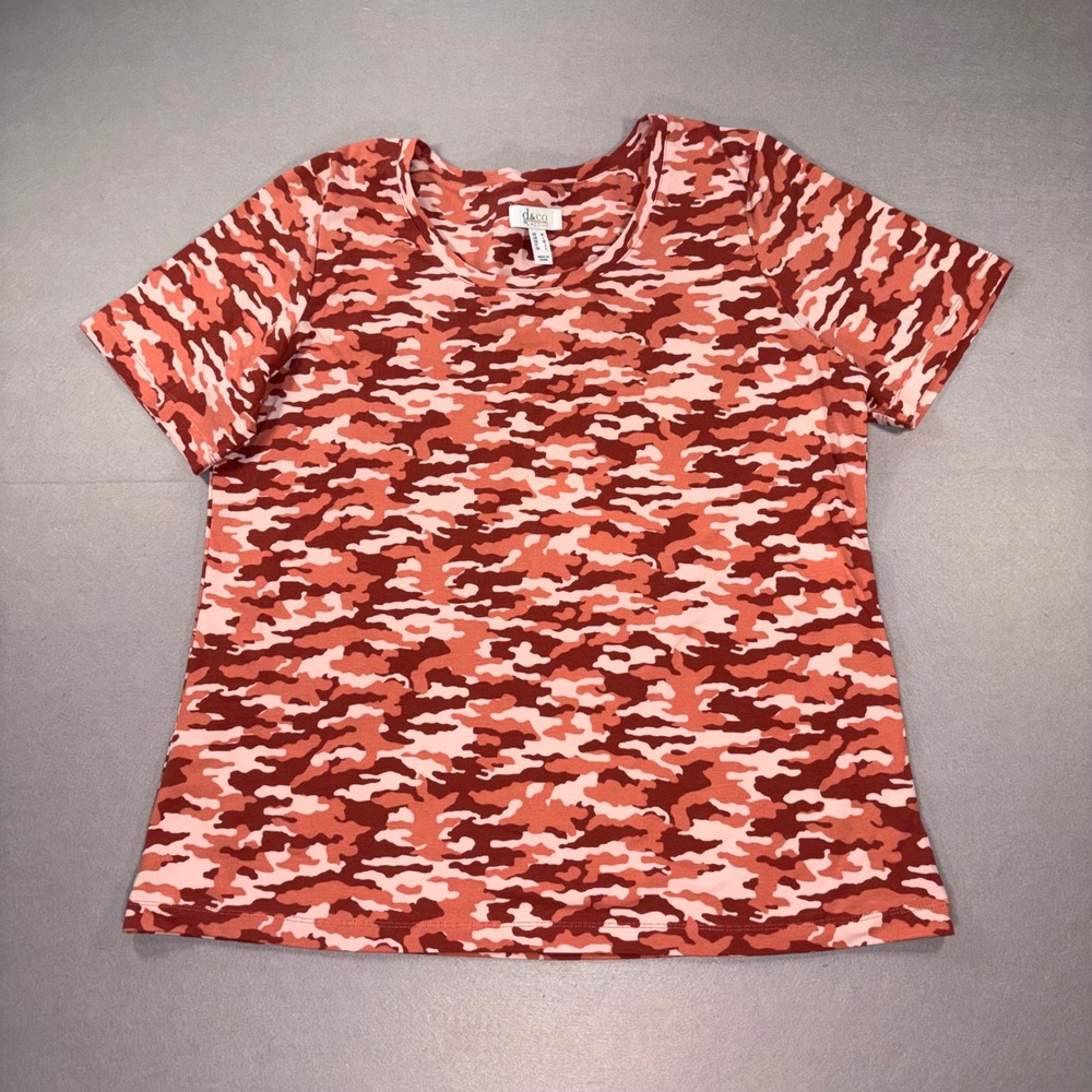 Denim & Co Active Womens Medium Red Pink Camo Short Sleeve Cotton Stretch Top